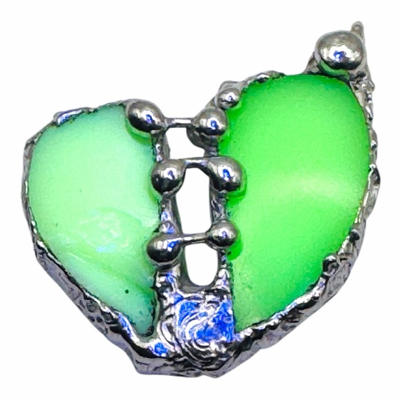 Vaseline Glass “Mended” Heart Pendant Bezel Artisan Crafted Glowing Glass - Picture 3 of 17